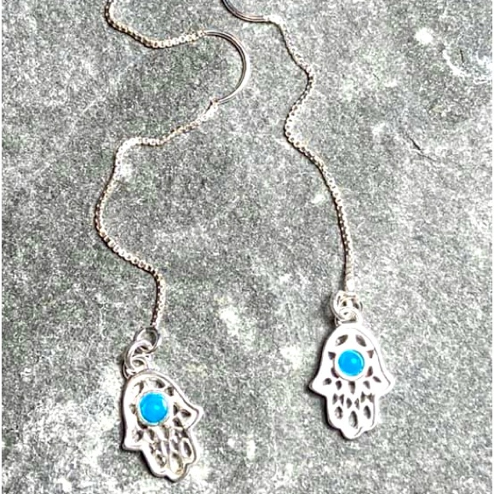Sterling silver, hamza threader earrings. Custom-made by me! Super light.